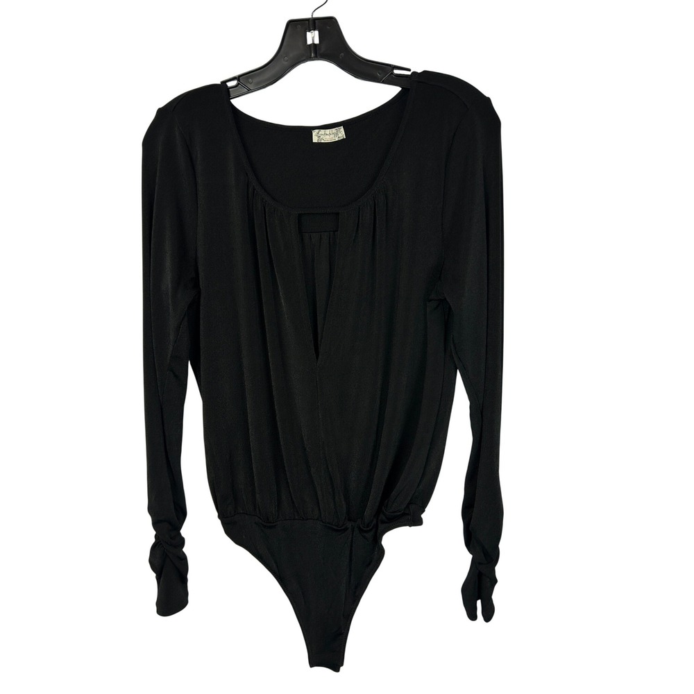 Intimately Free People Black Long Sleeve Plunge Bodysuit Ruched Cuff Medium